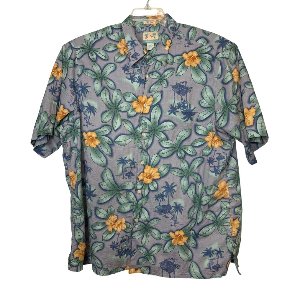Vintage Reyn Spooner Men XXL Hawaiian Shirt Gray Yellow Angel Trumpet Tropical